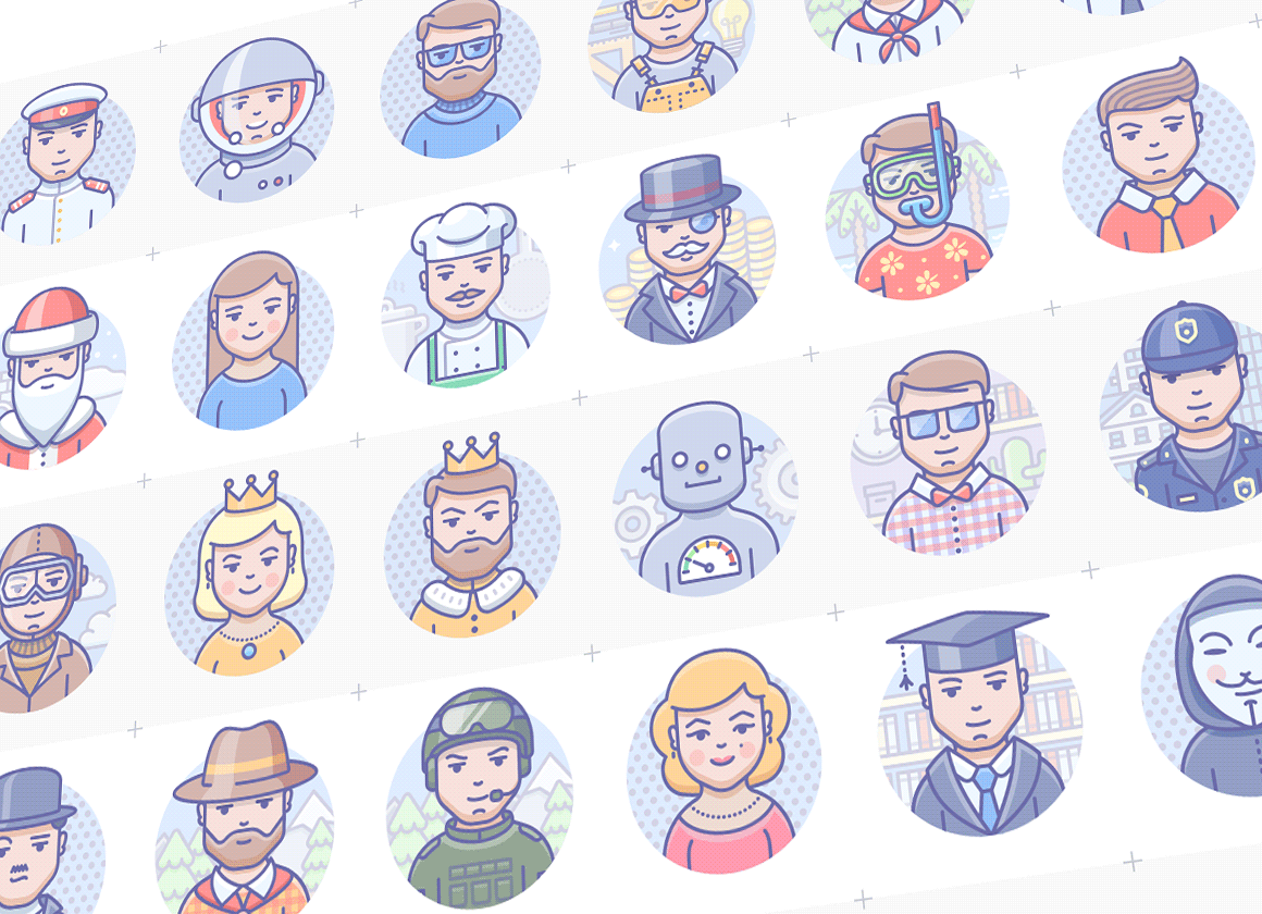 avatar icons, man icon, profession icons, cook, santa, robot, soldier, merilyn, astronaut, cosmonaut, anonymous